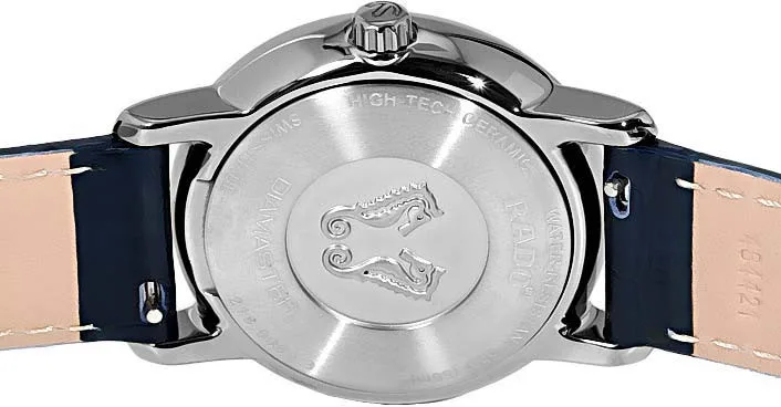 R14064725 שעון ראדו מיוחד לנשים ברצועת עור | דגם קרמיקה | רצועה חולה בלוח כחול פסים מהמם עם שיבוץ של 24 יהלומים | שנתיים אחריות | מלאי מוגבל | Rado R14064725 DiaMaster Diamonds Blue Ladies Watch