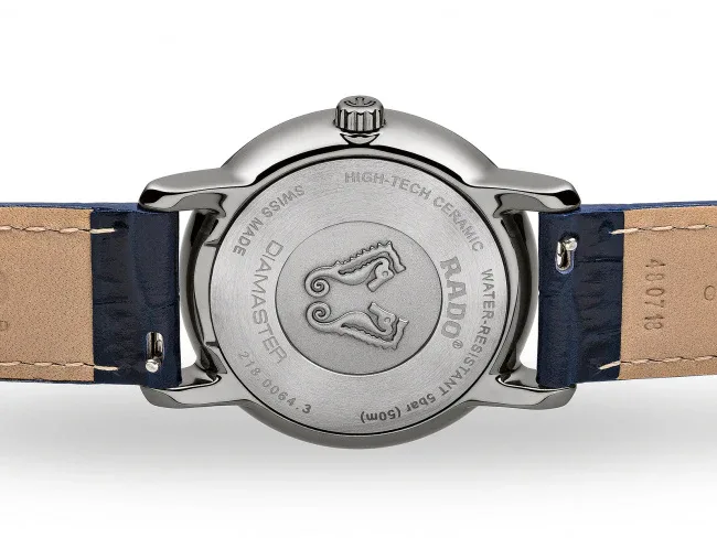 R14064725 שעון ראדו מיוחד לנשים ברצועת עור | דגם קרמיקה | רצועה חולה בלוח כחול פסים מהמם עם שיבוץ של 24 יהלומים | שנתיים אחריות | מלאי מוגבל | Rado R14064725 DiaMaster Diamonds Blue Ladies Watch