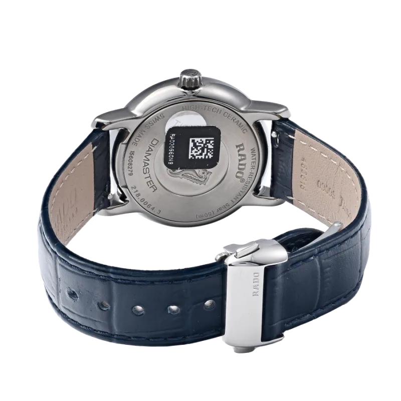 R14064725 שעון ראדו מיוחד לנשים ברצועת עור | דגם קרמיקה | רצועה חולה בלוח כחול פסים מהמם עם שיבוץ של 24 יהלומים | שנתיים אחריות | מלאי מוגבל | Rado R14064725 DiaMaster Diamonds Blue Ladies Watch