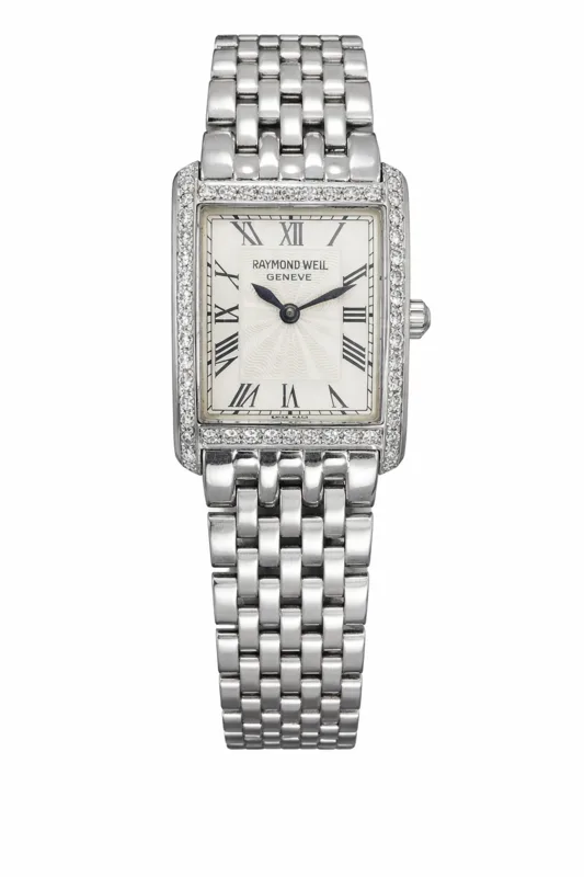 5873/1 שעון יוקרתי מלבני לאישה של ריימונד ווייל יד 2 | דגם כסוף משובץ 52 יהלומים לבנים ( אפטר ) כולל אחריות קופסא וכרטיס | שעוני יוקרה שווצריים יד שנייה לנשים | Raymond Weil Classic 5873/1 DIAMONDS
