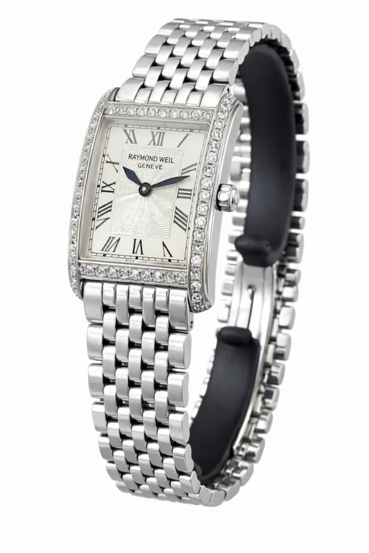 5873/1 שעון יוקרתי מלבני לאישה של ריימונד ווייל יד 2 | דגם כסוף משובץ 52 יהלומים לבנים ( אפטר ) כולל אחריות קופסא וכרטיס | שעוני יוקרה שווצריים יד שנייה לנשים | Raymond Weil Classic 5873/1 DIAMONDS