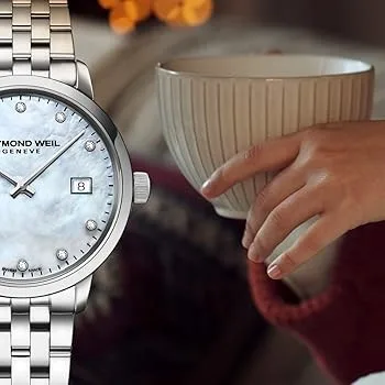 5985-ST-97081 שעון יוקרה לאישה של ריימונד ווייל שוויץ | אחריות יבואן רשמי | לוח פנינה משובץ 11 יהלומים | שעון אלגנטי קלאסי | Toccata Ladies White Mother-of-Pearl Diamond 5985-ST-97081