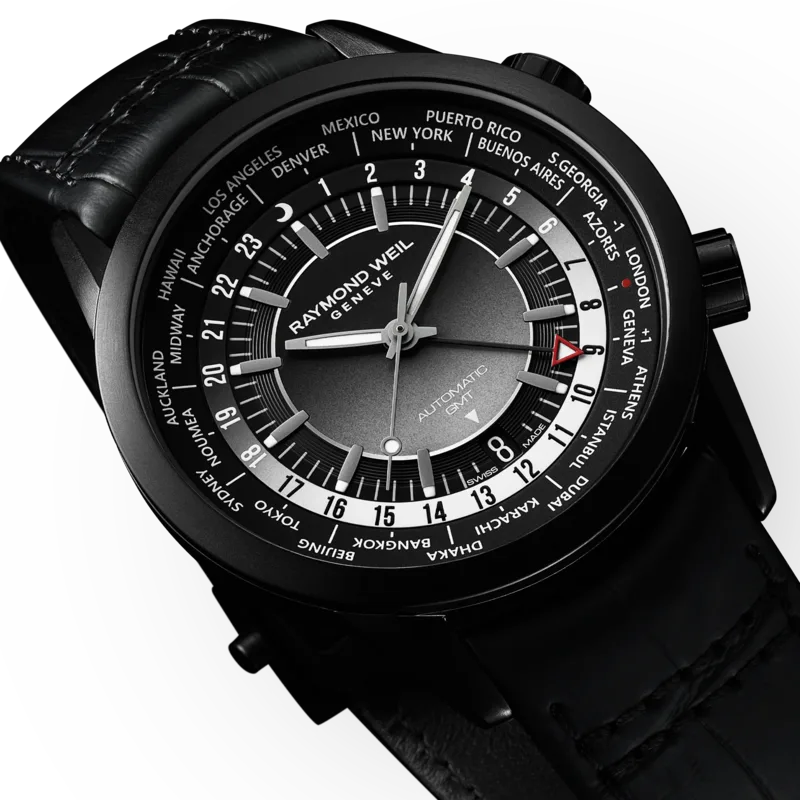 2765-BKC-20001 שעון חדש של ריימונד ווייל לגברים | דגם GMT אוטומטי וורלד טיימר | רצועת עור כולל שנתיים אחריות יבואן רשמי | Frelancer GMT Automatic Black Dial Men';s Watch 2765-BKC-20001 by Raymond We