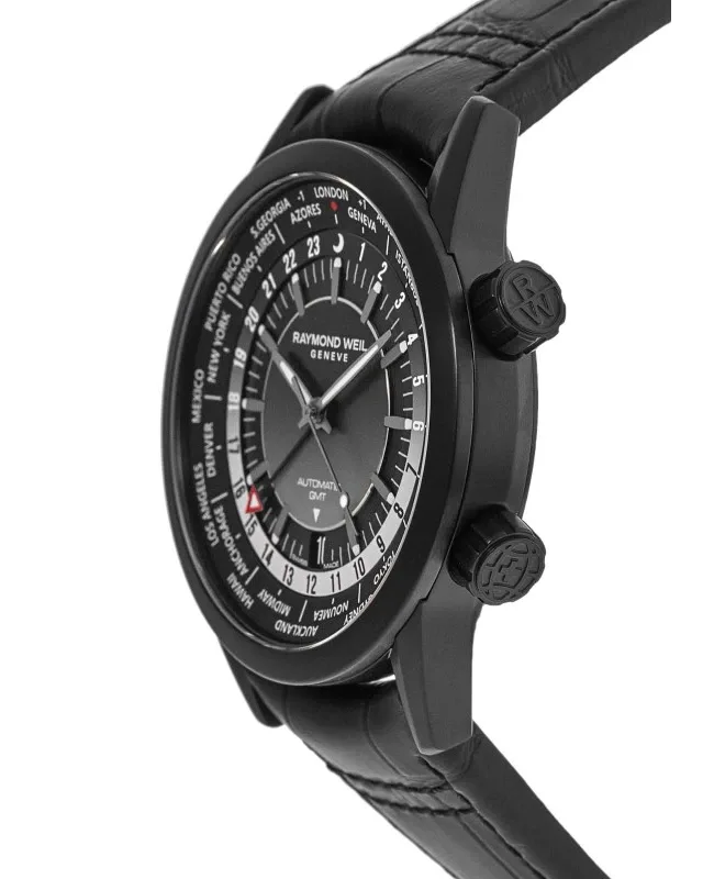 2765-BKC-20001 שעון חדש של ריימונד ווייל לגברים | דגם GMT אוטומטי וורלד טיימר | רצועת עור כולל שנתיים אחריות יבואן רשמי | Frelancer GMT Automatic Black Dial Men';s Watch 2765-BKC-20001 by Raymond We