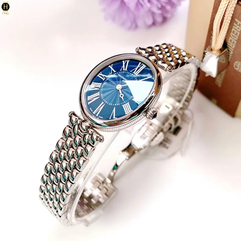 FC-200MPN2V6B שעון יוקרה לנשים של פרדריק קונסטנט | דגם אובלי בלוח פנינה כחול רומי | אבן ספיר בכתר | שעון מיוחד מלאי מוגבל | שנתיים אחריות יבואן רשמי בישראל | FREDERIQUE CONSTANT Art Deco 200MPN2V6B