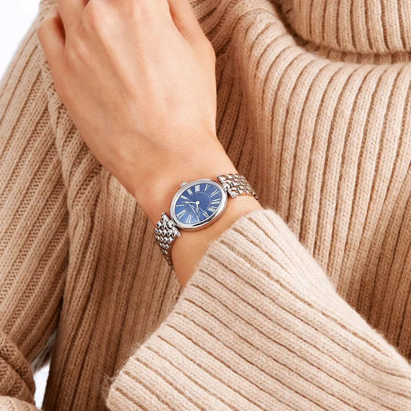 FC-200MPN2V6B שעון יוקרה לנשים של פרדריק קונסטנט | דגם אובלי בלוח פנינה כחול רומי | אבן ספיר בכתר | שעון מיוחד מלאי מוגבל | שנתיים אחריות יבואן רשמי בישראל | FREDERIQUE CONSTANT Art Deco 200MPN2V6B