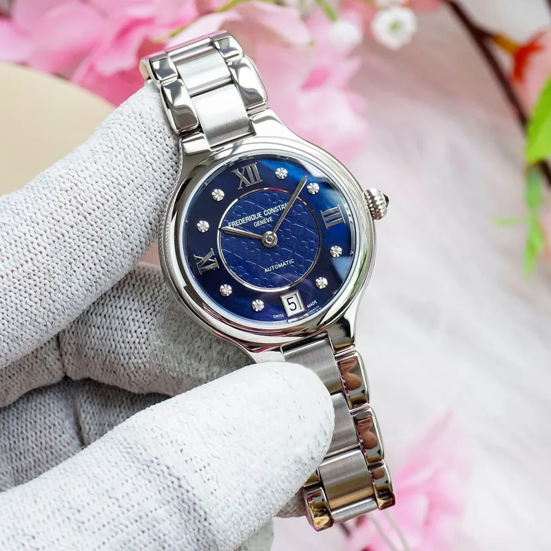 FC-306NHD3ER6B שעון יוקרתי לנשים של פרדריק קונסטנט שוויץ | שעון אוטומטי כסוף בלוח כחול פנינה משובץ | שעוני יוקרה לאישה | יבואן רשמי Frederique Constant Geneve Delight Automatic Ladies FC-306NHD3ER6B