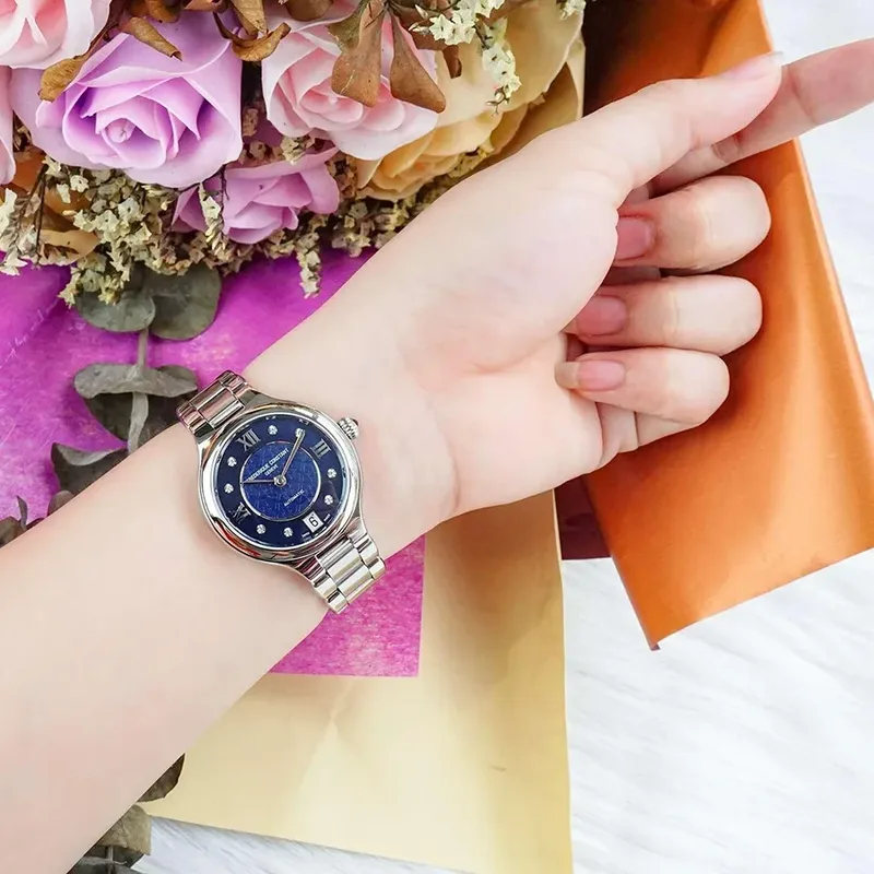 FC-306NHD3ER6B שעון יוקרתי לנשים של פרדריק קונסטנט שוויץ | שעון אוטומטי כסוף בלוח כחול פנינה משובץ | שעוני יוקרה לאישה | יבואן רשמי Frederique Constant Geneve Delight Automatic Ladies FC-306NHD3ER6B