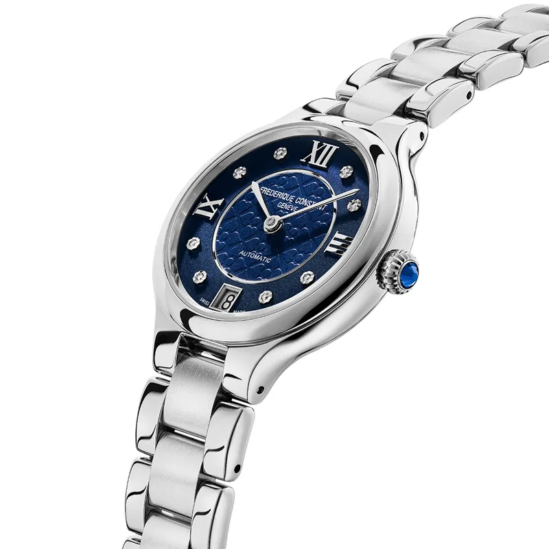 FC-306NHD3ER6B שעון יוקרתי לנשים של פרדריק קונסטנט שוויץ | שעון אוטומטי כסוף בלוח כחול פנינה משובץ | שעוני יוקרה לאישה | יבואן רשמי Frederique Constant Geneve Delight Automatic Ladies FC-306NHD3ER6B