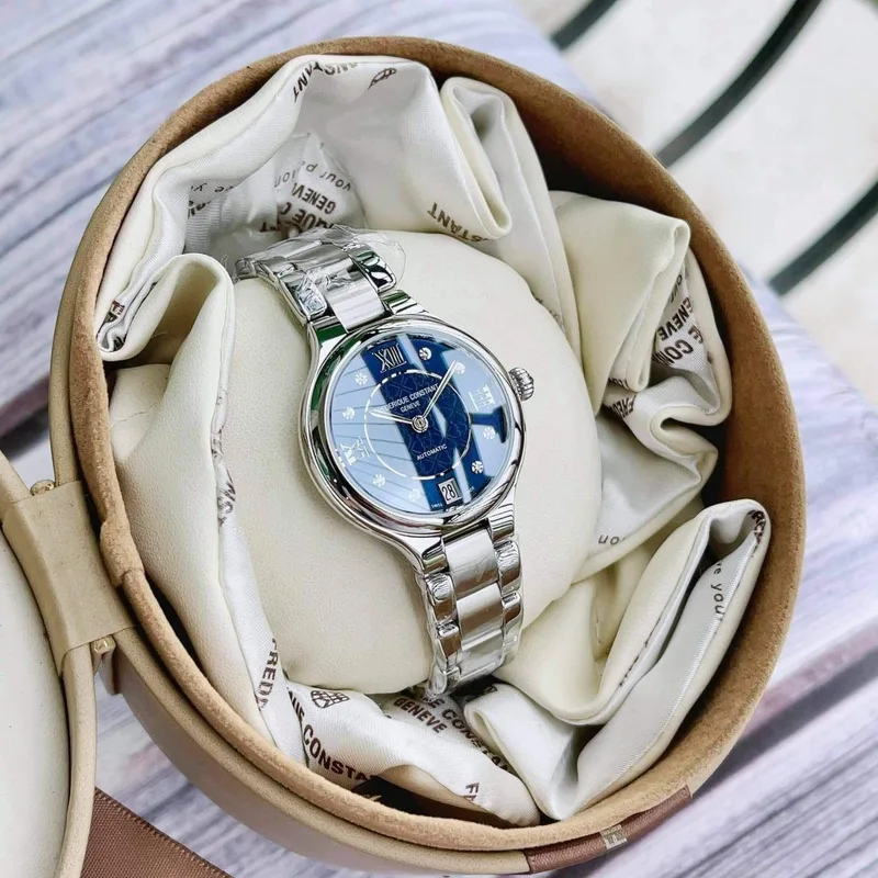 FC-306NHD3ER6B שעון יוקרתי לנשים של פרדריק קונסטנט שוויץ | שעון אוטומטי כסוף בלוח כחול פנינה משובץ | שעוני יוקרה לאישה | יבואן רשמי Frederique Constant Geneve Delight Automatic Ladies FC-306NHD3ER6B