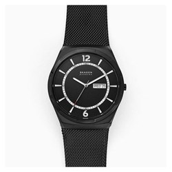 SKW6576 שעון אופנה שחור לגבר של מותג השעונים סקאגן | תאריכון כפול ברצועת רשת מיוחדת | שנתיים אחריות | מלאי מוגבל | Melbye Three-Hand Day-Date Black Steel-Mesh Skagen Watch style SKW6576