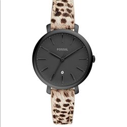 ES4725 שעון מיוחד של פוסיל לנשים | דגם מנומר בלוח שחור כולל תאירכון | שעוני אופנה מעוצבים | Fossil Jacqueline Three-Hand Leather Watch Es4725 Black Faux Cheetah Hair Leather