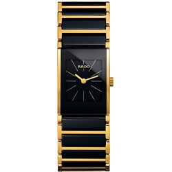 R20789162 שעון יוקרה של ראדו לנשים | דגם מסדרת אינטגרל | שעון קרמיקה שחורה משולב פסי זהב | דגם מיני כולל שנתיים אחריות | Rado Integral Lady Quarz R20789162 ladies watch