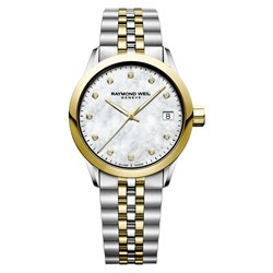 5634-STP-97081 שעון יד ריימונד וויל לנשים מסדרת פרילנסר | שעון יהלומים לוח פנינה מרשים משובץ | דגם משולב זהב וכסף | שנתיים אחריות | Freelancer Ladies Quartz Two-Tone Gold 5634-STP-97081 Diamond Watc