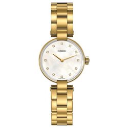 R22857923 שעון יד ראדו זהב מסדרת קופל לנשים דגם משובץ 12 יהלומים בלוח פנינה | שנתיים אחריות | Rado Coupole Mother of Pearl Diamond Dial Ladies Watch