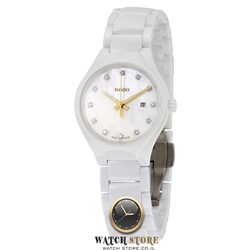 שעון יד ראדו טרו לוח פנינה בשיבוץ 12 יהלומים | דגם מיוחד במבצע Rado Ladies True White Ceramic Watch R27061902 | שעוני יוקרה שווצריים