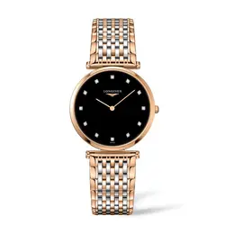 L47091577 שעון יד לונג'ין לאישה | דגם טוטון זהב רוז דק מאד מסדרת לה גרנדה | לוח שחור משובץ 12 יהלומים כולל שנתיים אחריות | מלאי מוגבל | Longines La Grande Classique De Longines L4.709.1.57.7