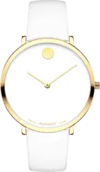 0607138 שעון לאישה של מובאדו שוויץ | מהדורה מיוחדת ל70 שנה לסדת מוזיאון | שעון קלאסי אלגנטי ברצועת עור לבנה | באזל זהב | Movado Museum 70th Anniversary White Dial Ladies Watch 0607138