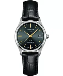 C033.251.16.351.01 שעון יד סרטינה לנשים | דגם די אס 8 בלוח שחור מיוחד | מחוגים זהב למראה יוקרתי | מנגנון שווצרי כרונומטר מדוייק | רצועת עור עם 5 שנים אחריות | C0332511635101 Certina DS-8 Lady ladies w