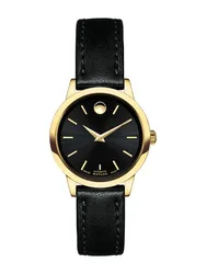 0606925 שעון יד מובאדו אוטומטי לאישה | שעון יוקרתי אגנטי ברצועת עור | באזל זהב עם חלון אחורי שקוף | מלאי מוגבל | שנתיים אחריות יבואן רשמי | 1881 Automatic Black Dial Gold PVD Ladies Watch 0606925
