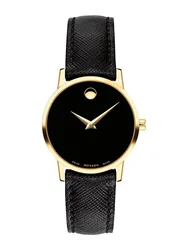0607205 שעון מובאדו לנשים מסדרת מוזיאון | שעון זהב ברצועת עור שחורה | דגם קלאסי אלגנטי שווצרי | שנתיים אחריות יבואן רשמי | מלאי מוגבל | Movado 0607205 Museum 28mm Women's Black Leather