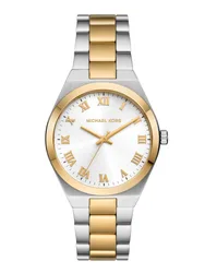 MK7464 שעון מייקל קורס יבואן רשמי לנשים | דגם משולב זהב | לוח רומי לבן קלאסי ואלגנטי | מלאי מוגבל | כולל שנתיים אחריות פלאנט |Michael Kors Lennox Steel Bracelet White Dial Women's Watch MK7464
