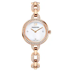 5253329 שעון יד סברובסקי לאישה | דגם צמיד מיוחד אופנתי רוז גולד | אבנים ברצועה ובבאזל | מנגנון שווצרי | שנצתיים אחריות יבואן רשמי | Aila Quartz Crystal White Mother of Pearl Dial Ladies Watch 5253329