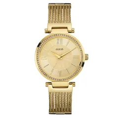 W0638L2495 שעון גס יבואן רשמי לאישה | דגם זהב ברצועה חצי קשיחה מיוחדת | שעון אופנתי עם לוח מהמם | שנתיים אחריות פלאנט טיים | Guess Women's Watch Gold Tone Case Quartz W0638L2