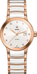 R30183742 שעון ראדו לנשים מסדרת סנטריקס | דגם אוטומטי מיוחד רוז גולד משולב קרמיקה לבנה | לוח לבן משובץ 12 יהלומים | מלאי מוגבל | שנתיים אחריות | Rado Centrix Automatic Rose Gold PVD & Ceramic Diamonds