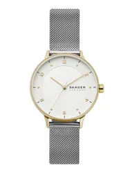 SKW2912 שעון יד סקאגן לאישה | דגם קלאסי לוח מספררים | מסגרת זהב ברצועת רשת אופנתית | שנתיים אחריות יבואן רשמי | Skagen Riis Quartz Silver Dial Ladies Watch SKW2912