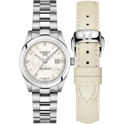 T132.007.11.116.00 שעון יד טיסו דגם מיוחד לאישה עם מנגנון אוטומטי | לוח פנינה משובץ 8 יהללומים ורצועת עור נוספת להחלפה מהירה | שנתיים אחריות | Tissot womens T-My Lady Stainless Steel Dress Watch White