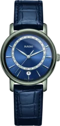 R14064725 שעון ראדו מיוחד לנשים ברצועת עור | דגם קרמיקה | רצועה חולה בלוח כחול פסים מהמם עם שיבוץ של 24 יהלומים | שנתיים אחריות | מלאי מוגבל | Rado R14064725 DiaMaster Diamonds Blue Ladies Watch