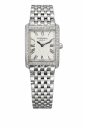 5873/1 שעון יוקרתי מלבני לאישה של ריימונד ווייל יד 2 | דגם כסוף משובץ 52 יהלומים לבנים ( אפטר ) כולל אחריות קופסא וכרטיס | שעוני יוקרה שווצריים יד שנייה לנשים | Raymond Weil Classic 5873/1 DIAMONDS