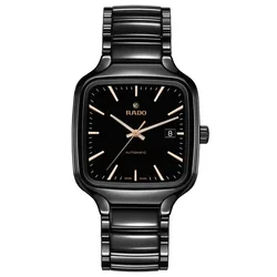 R-60783016 שעון ראדון טרו אוטומטי יד 2 לגברים | דגם קרמי מלא מהסדרה המרובעת | שעון שמור כולל כרטיסים וקופסא ואחריות | True Square Automatic Black Dial Watch R27078162 by Rado