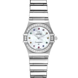 1475.79.00 שעון אומגה קונסטליישן לנשים בלוח פנינה | באזל משובץ 38 יהלומים | 12 אבני חן | שנתיים אחריות | Omega Constellation Ladies Iris Stainless Steel White Mother of Pearl Dial Women's Watch 1475.7