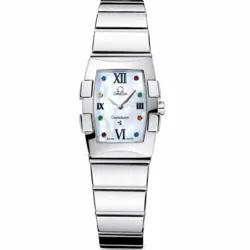 1584.79.00 שעון יד אומגה מסדרת קונסטליישן לנשים | שעון יוקרתי בלוח פנינה משובץ אבני חן צבעוניים | שנתיים אחריות | Omega Constellation Quadrella Ladies Watch 1584.79.00