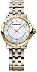 5391-STP-00995 שעון ריימונד ווייל יוקרתי לנשים מסדרת טנגו | דגם טוטון זהב צהוב לוח לבן פנינה משובץ 8 יהלומים וספרות רומיות | מלאי מוגבל | שנתיים אחריות Raymond Weil Tango Ladies Two Tone 5391-STP-0099