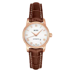 M7600.3.26.8 שעון יוקרתי לנשים של מידו שוויץ | דגם אוטומטי רוז גולד | רצועת עור חומה | גב שקוף | שנתיים אחריות יבואן רשמי | MIDO BARONCELLI M76003268 WHITE WOMEN WATCH