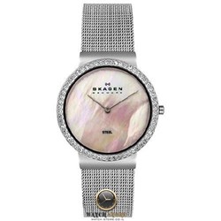 שעון סקאגן לנשים משובץ בבאזל אבני סברובסקי | לוח פנינה מרשים רצועת רשת מיוחדת | חנות שעונים | שנתיים אחריות | Skagen 644LSSP Womens Pink MOP Dial Mesh Stainless